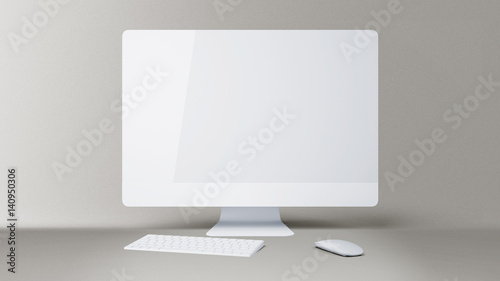 Desktop with blank white computer screen. Mock up