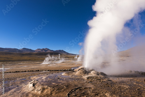 Geyser erupting activity in the Geysers del Tatio field in the Atacama Desert, Chile