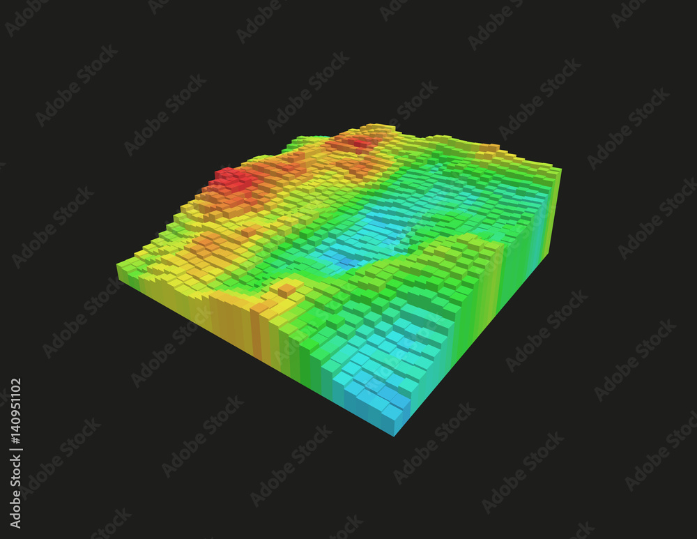 Colorful 3d voxel landscape. Heatmap surface made of rectangular blocks ...