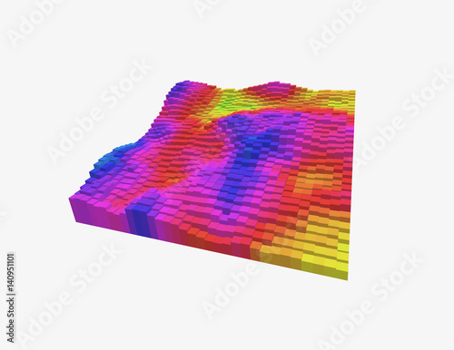 Colorful 3d voxel landscape. Heatmap surface made of rectangular blocks. Cubical model of futuristic game terrain. Hue data visualization. Modern abstract vector illustration. Element of design.