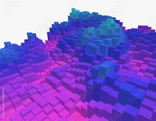 Colorful 3d voxel landscape. Heatmap surface made of rectangular blocks. Cubical model of futuristic game terrain. Hue data visualization. Modern abstract vector illustration. Element of design.