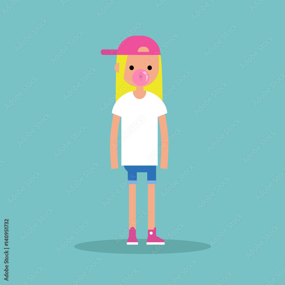 Young blond girl blowing bubble gum / editable flat vector illustration, clip art Young blond girl blowing bubble gum / editable flat vector illustration, clip art