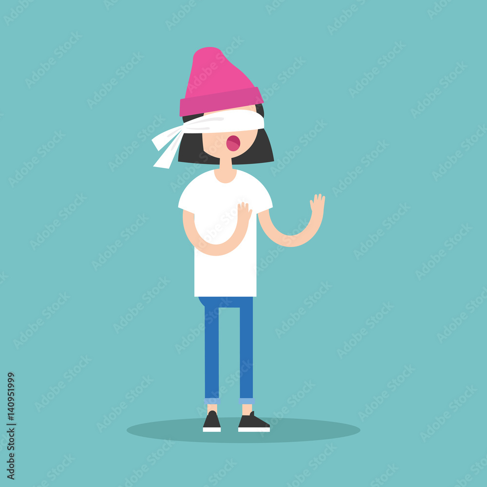 Young blindfolded brunette girl trying to find the right direction / flat editable vector illustration, clip art