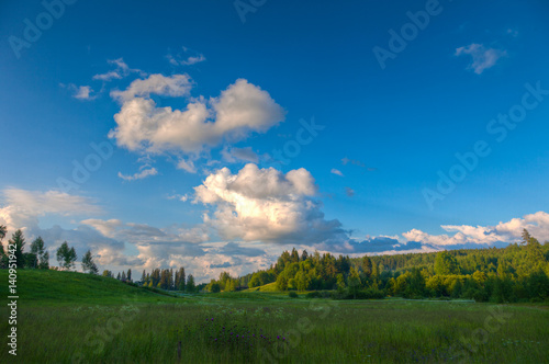 Cumulus clouds over meadow as fog is forming