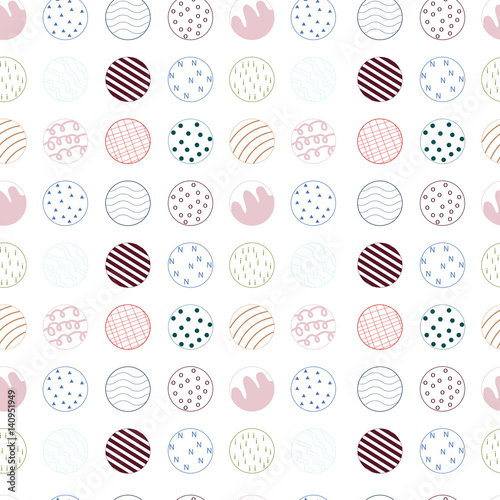 Modern vector geometric seamless pattern with different doodles inside circles.