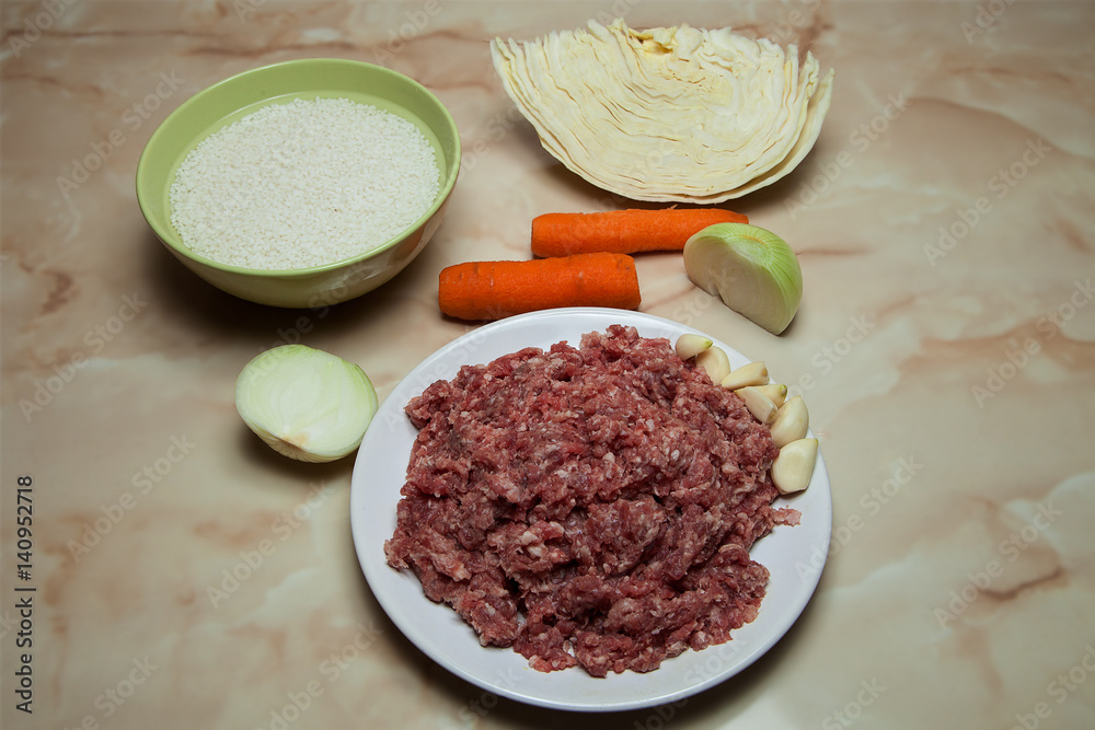 Fresh food to prepare lazy cabbage rolls or meatballs of beef, Fresh food to prepare lazy cabbage rolls or meatballs of beef,