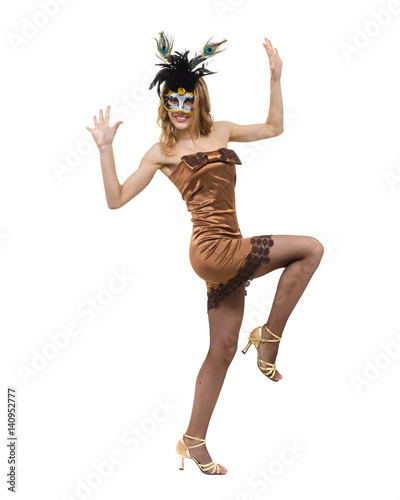 Carnival dancer woman wearing a mask dancing, isolated on white in full length.