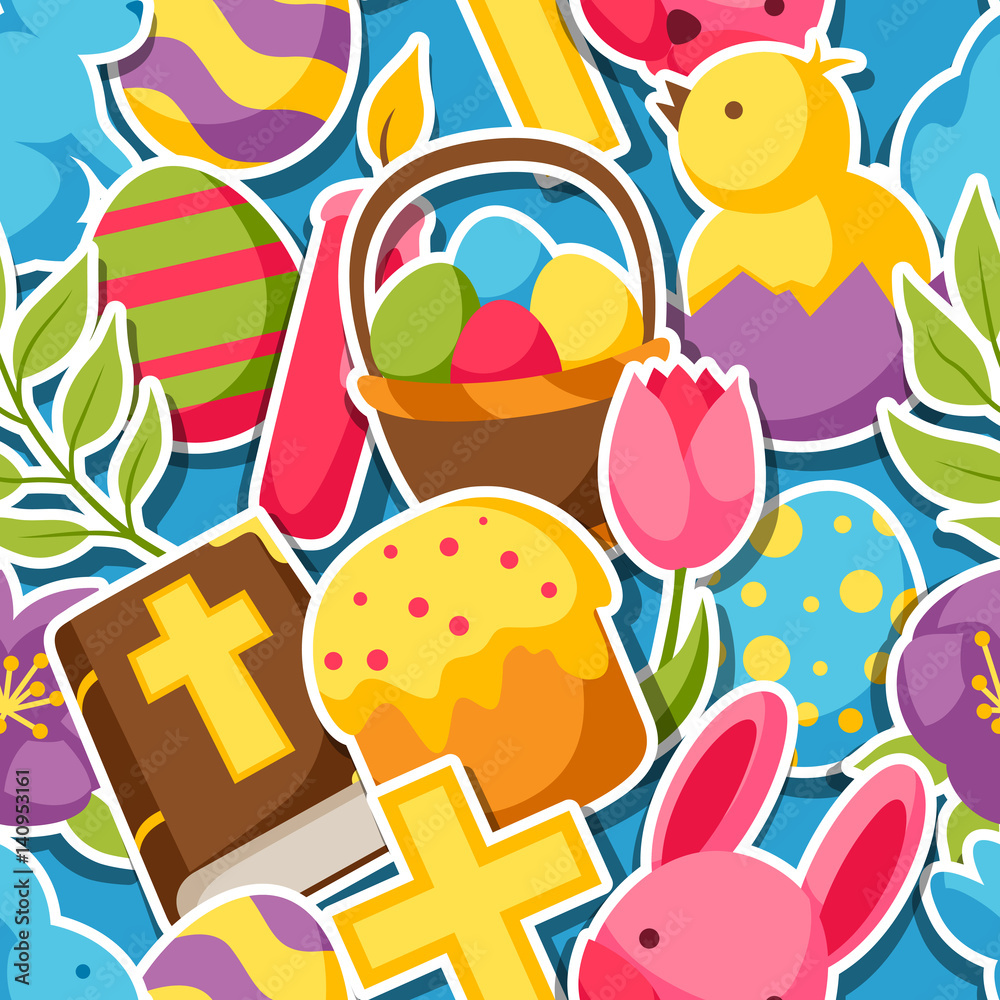 Happy Easter seamless pattern with decorative objects, eggs and bunnies stickers