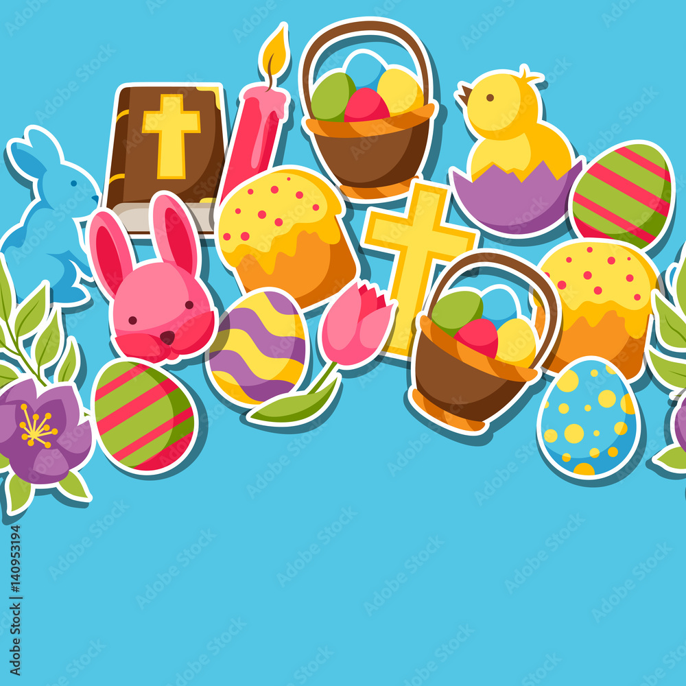 Happy Easter seamless pattern with decorative objects, eggs and bunnies stickers Happy Easter seamless pattern with decorative objects, eggs and bunnies stickers