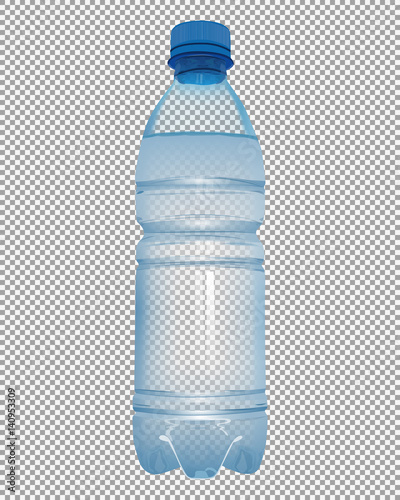 Transparent plastic bottle with mineral water with close blue cap