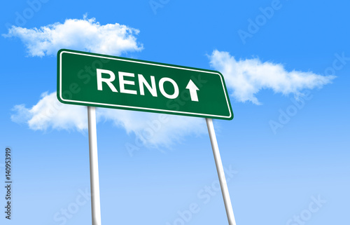 Road sign - Reno. Green road sign (signpost) on blue sky background. (3D-Illustration)
