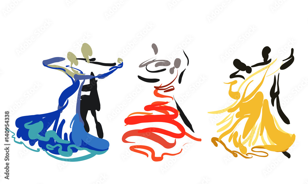 Three couples are dancing isolated on white. Simple line sketch. Logo. Classic dance. Symbol of ballroom. - obrazy, fototapety, plakaty 