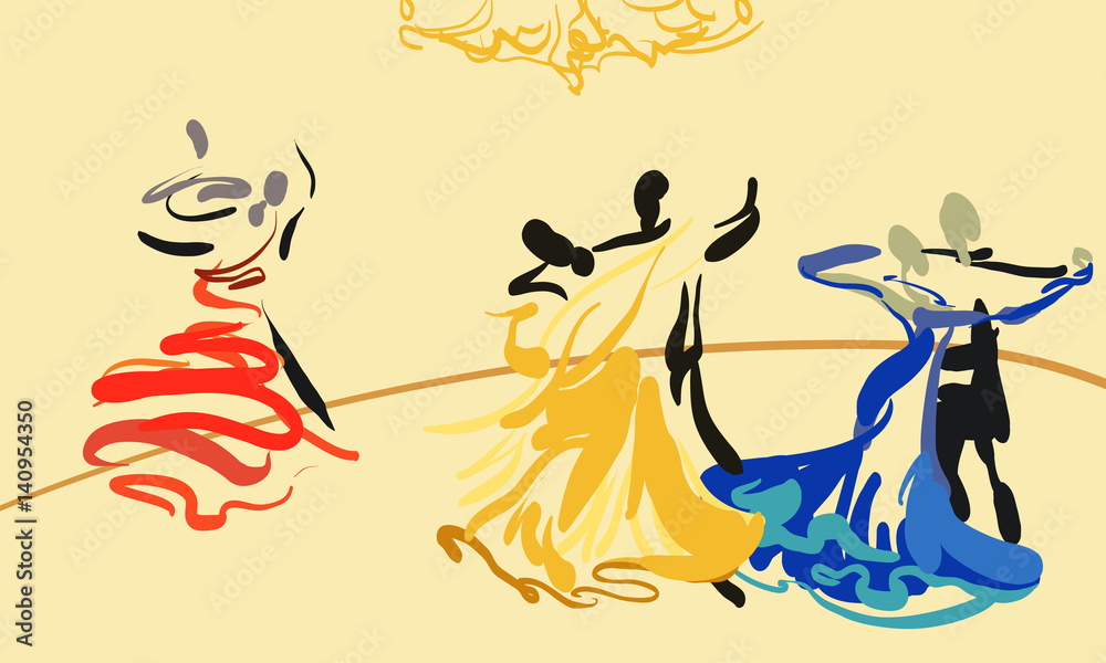 Obraz premium Three couples are dancing in ballroom. Simple line sketch. Classic dance. Vector.