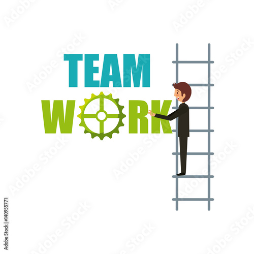 man on the ladder over white background. teamwork concept. colorful design. vector illustration