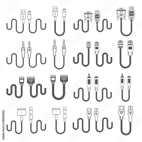 Electric plug, connectors and jack flat line icons set. Collection Connection technology, connector electric power, mobile devices connect, wire and socket