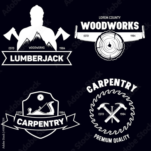 Set of isolated vintage lumberjack labels with small retro style carpentry woodworks compositions with decorative text vector illustration.