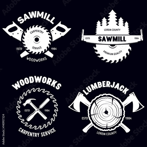 Set of isolated vintage lumberjack labels with small retro style carpentry woodworks compositions with decorative text vector illustration.