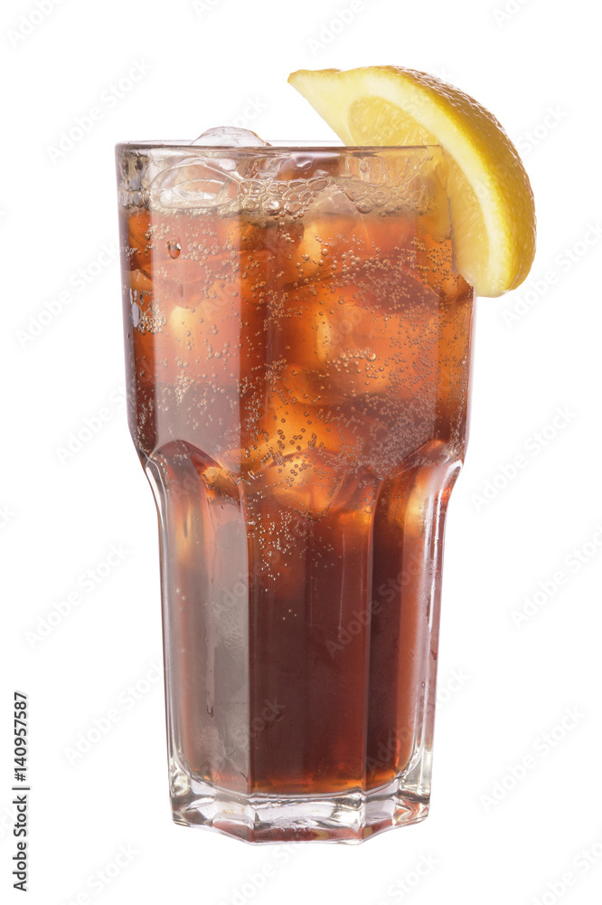 Cola in glass with ice cubes and slice of lemon. Isolated on white background including clipping path Cola in glass with ice cubes and slice of lemon. Isolated on white background including clipping path
