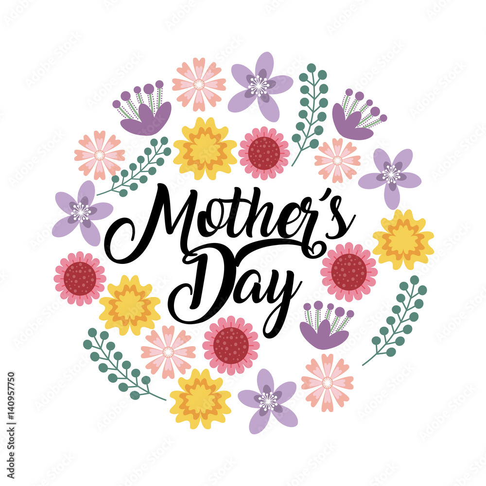 happy mother's day card with beautiful flowers over white background. colorful design. vector illustration