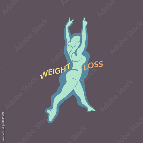 Weight loss icon. Woman Body challenge program concept. Freehand drawn cartoon retro style. Vector losing fat female. Active lifestyle emblem. Fitness logo element. Sport training banner background