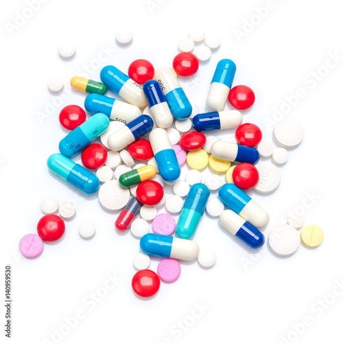 Assorted pills isolated on white background