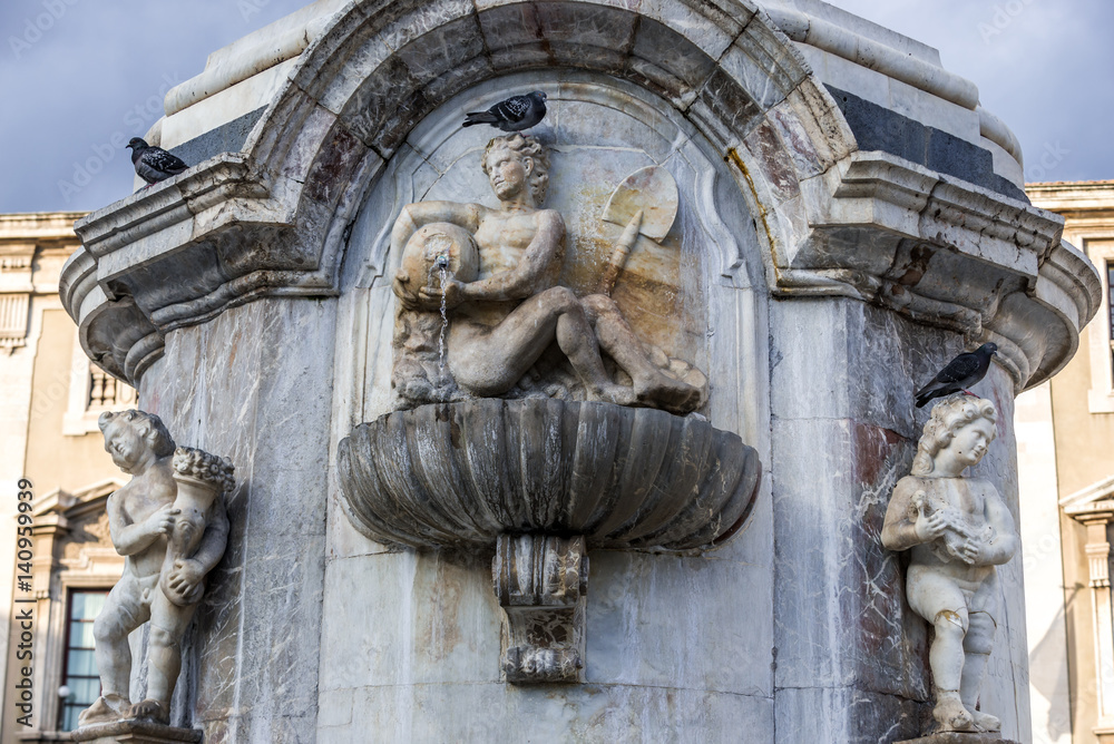 Close upn on base of Elephant Fountain from 18th century on Cathedral Square in Catania, Sicily, Italy