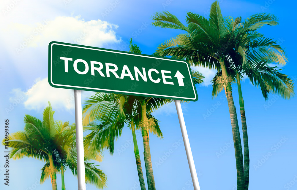 Naklejka premium Road sign - Torrance. Green road sign (signpost) on blue sky background. (3D-Illustration) 