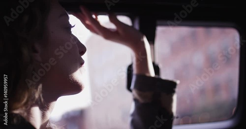 Close up, woman getting driver in car