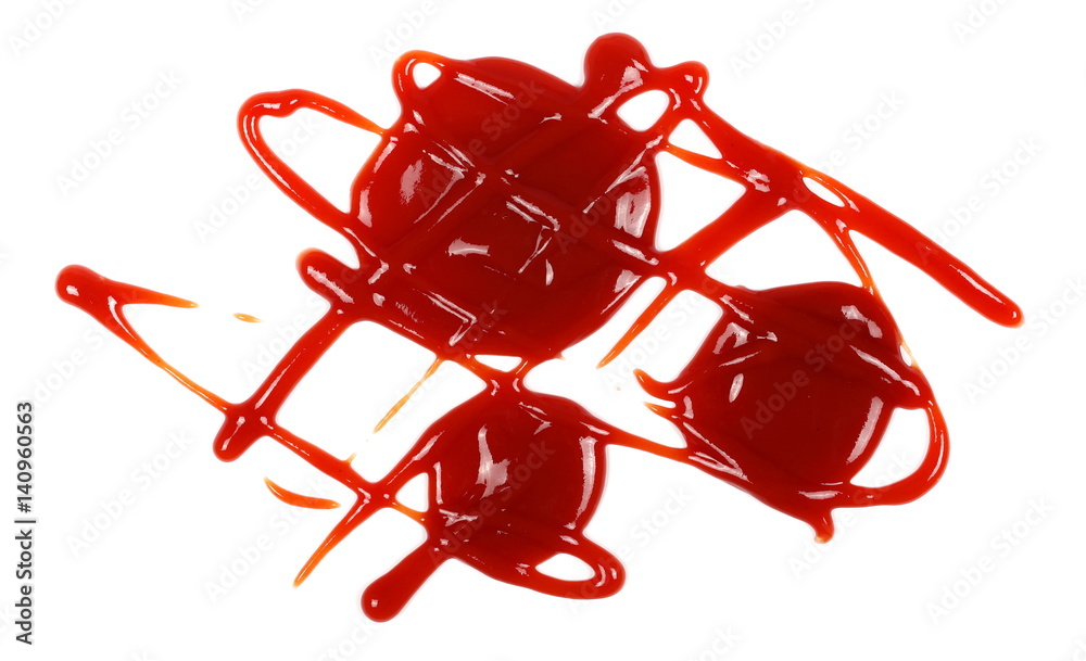 red ketchup splashes isolated on white background, tomato pure texture, top view red ketchup splashes isolated on white background, tomato pure texture, top view