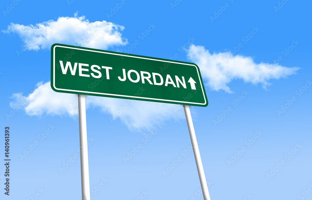 Road sign - West Jordan. Green road sign (signpost) on blue sky background. (3D-Illustration)
Road sign - West Jordan. Green road sign (signpost) on blue sky background. (3D-Illustration)