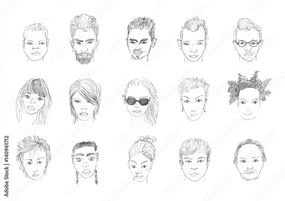People faces pencil drawing. Men and women faces hand drawing cartoon.  Pencil sketching. Stock Illustration | Adobe Stock