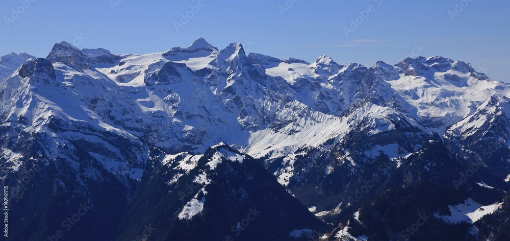 Uri Rotstock and other mountains seen from mount Fronalpstock, Switzerland.