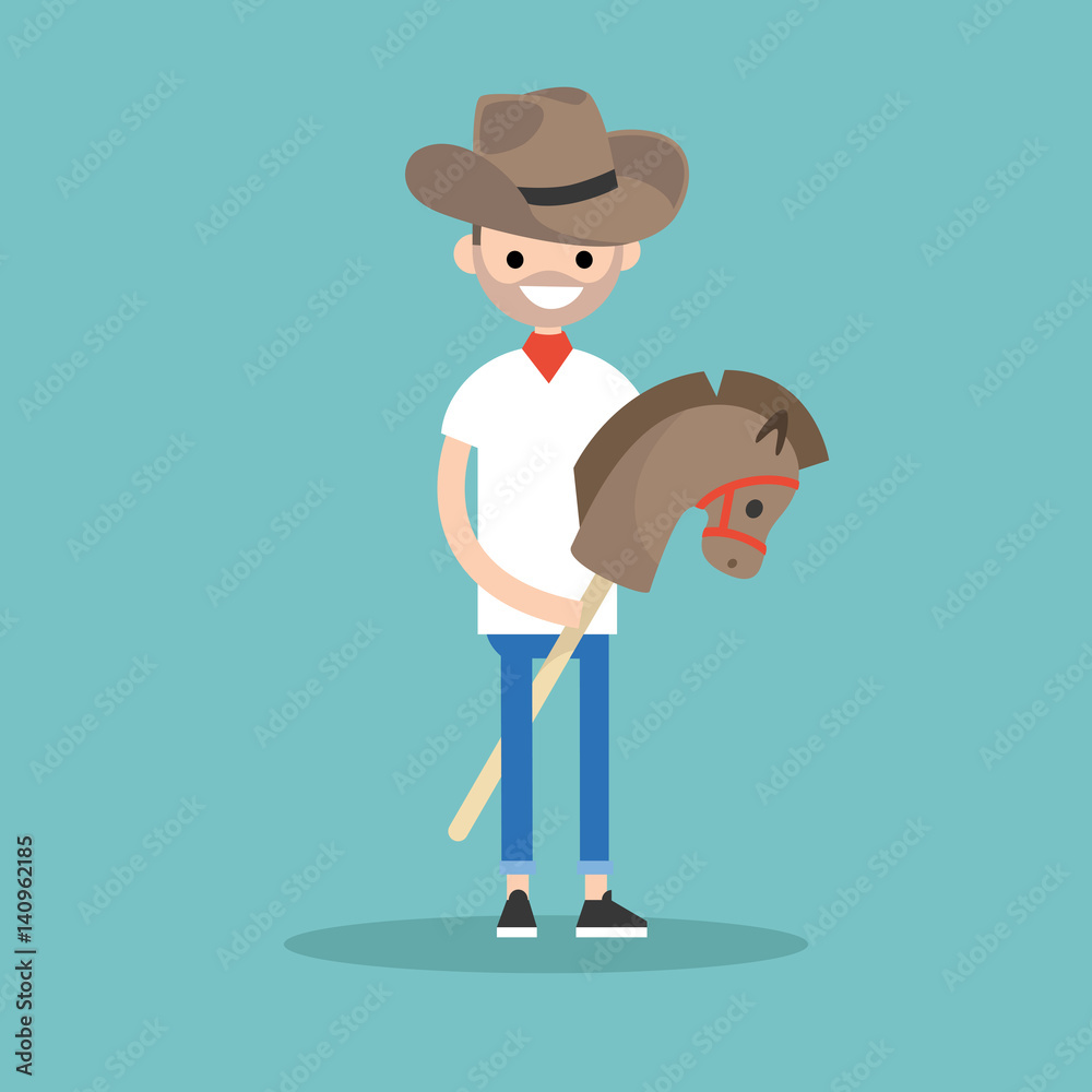 Young bearded man wearing cowboy hat and riding hobbyhorse / flat editable vector illustration