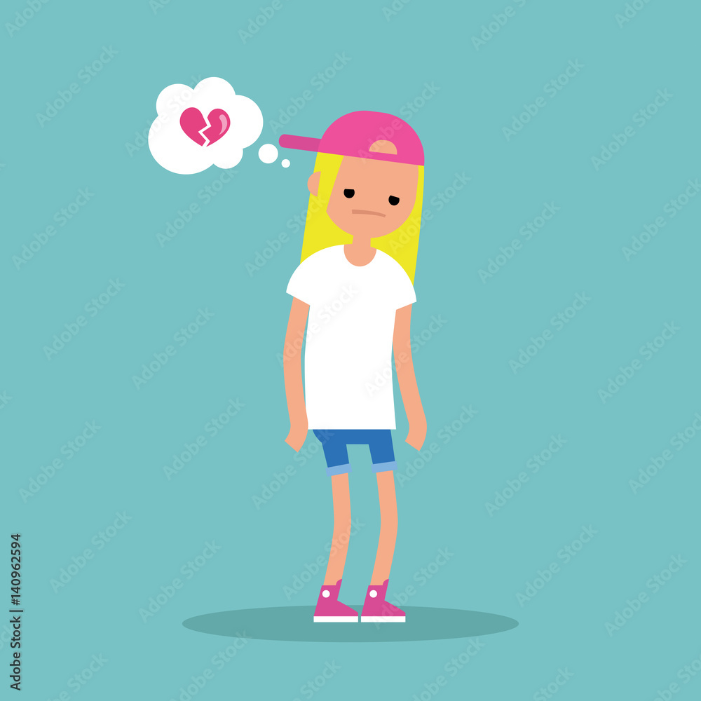 Unrequited love concept: young blond girl with a broken heart / editable flat vector illustration Unrequited love concept: young blond girl with a broken heart / editable flat vector illustration
