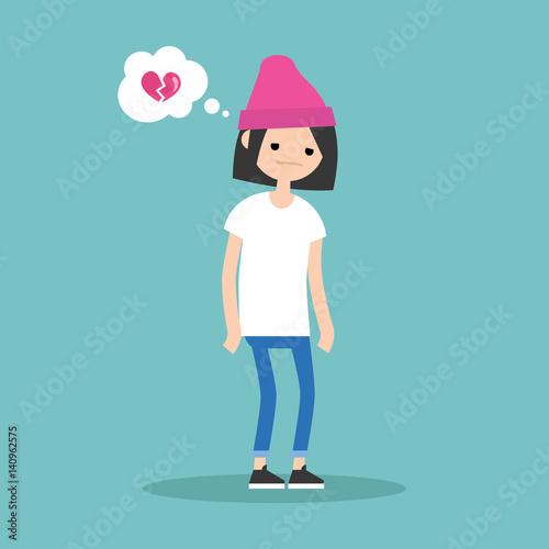 Unrequited love concept: young girl with a broken heart / editable flat vector illustration