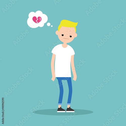 Unrequited love concept: young blond boy with a broken heart / editable flat vector illustration