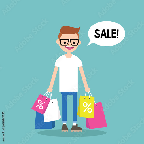 Sale conceptual illustration. Young nerd holding shopping bags / flat editable vector illustration
