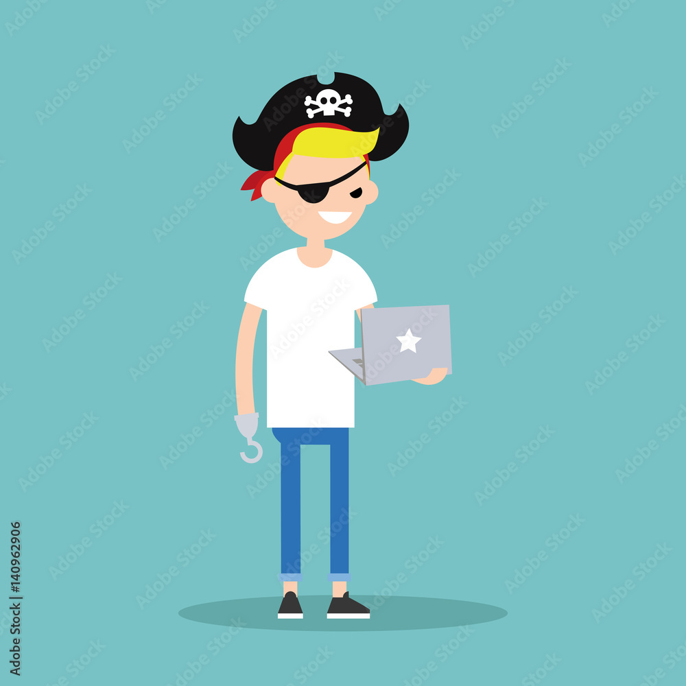 Cyber piracy. Conceptual illustration. Young blond boy wearing pirate outfit and holding a laptop / editable flat vector illustration, clip art