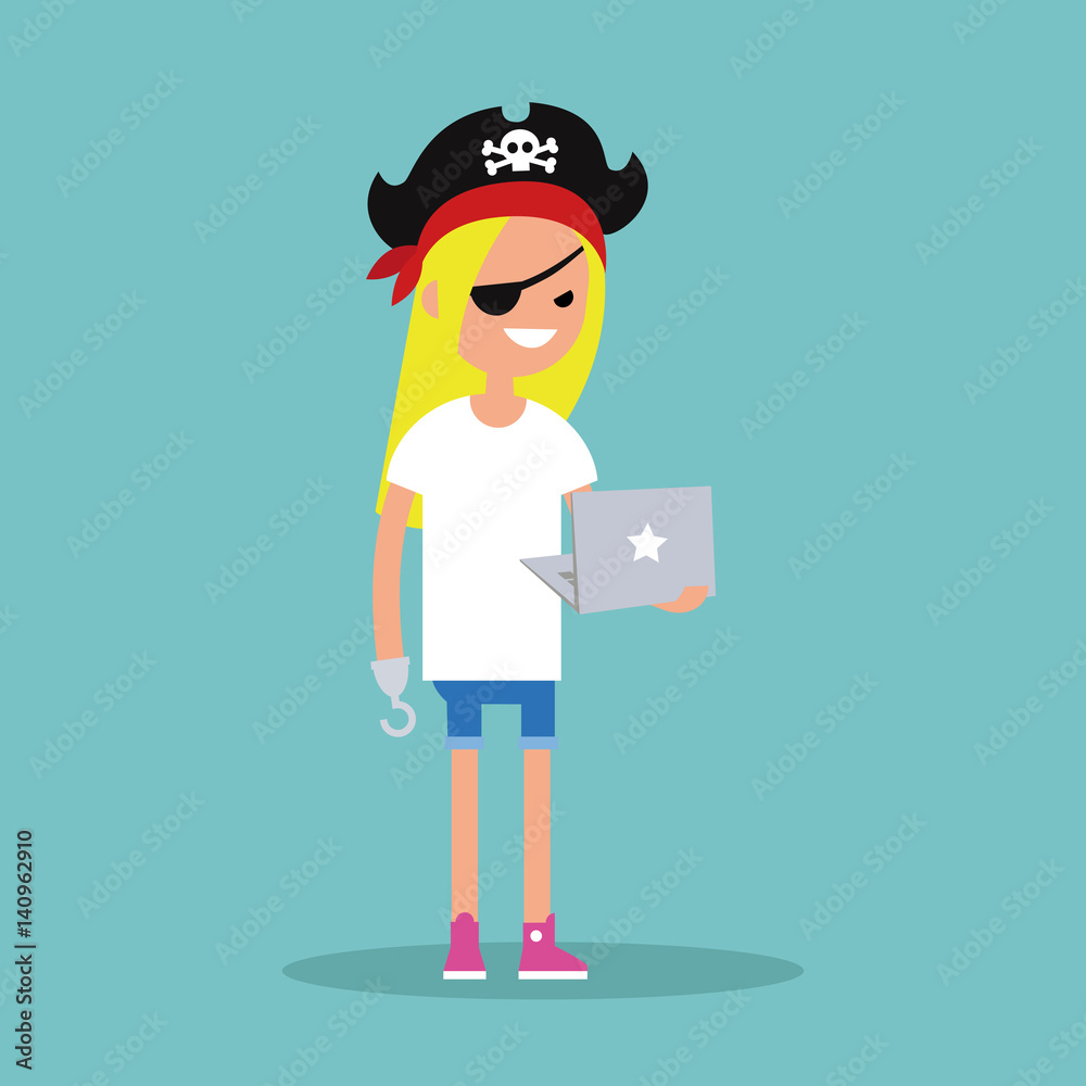 Cyber piracy. Conceptual illustration. Young blonde girl wearing pirate outfit and holding a laptop / editable flat vector illustration, clip art
