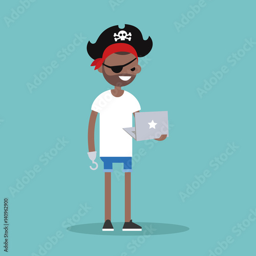 Cyber piracy. Conceptual illustration. Young black man wearing pirate outfit and holding a laptop / editable flat vector illustration, clip art