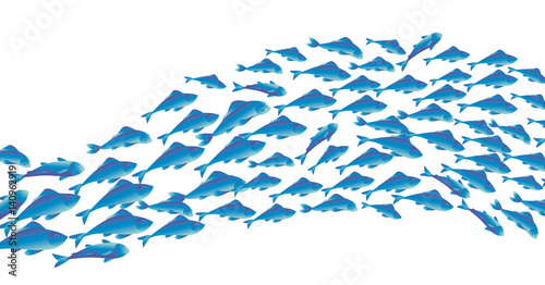 School of fish vector illustration for header, web, print, card and invitation. Plenty of herring or cod moving in the sea.