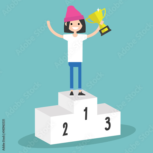 Victory conceptual illustration. Young girl standing on the pedestal and holding a champion cup / flat editable clip art illustration