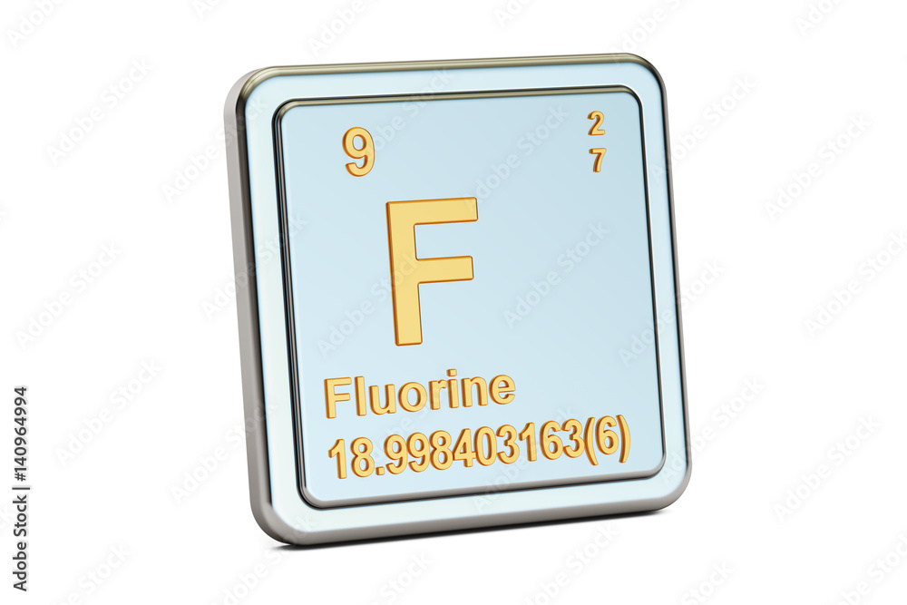 Fluorine F, chemical element sign. 3D rendering