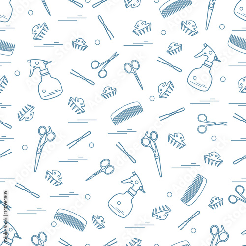 Cute pattern of scissors, combs, hairclip, hairpins and sprayer. For the provision of hairdressing services.