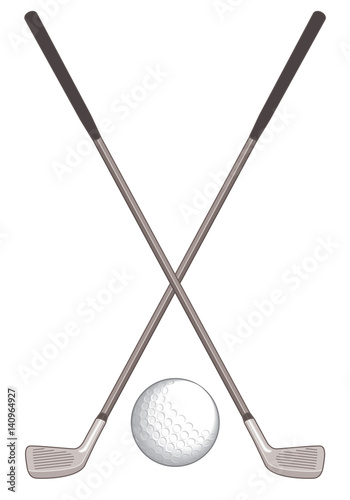 golf ball and two golf clubs crossed isolated on a white background