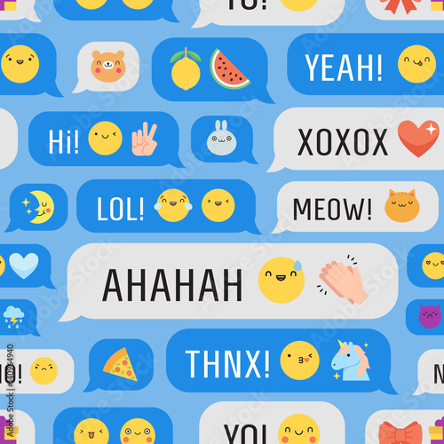 Messages with cute emoji seamless vector pattern.