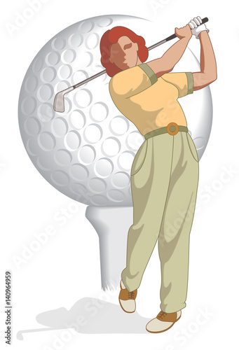 golf player female, swinging golf club with golfball and tee in background