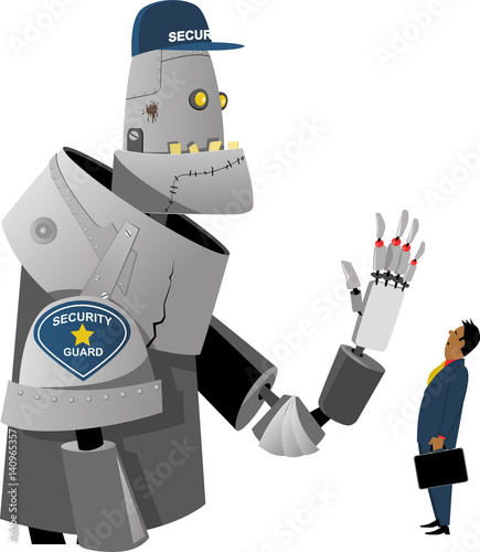 Robot security guard stopping a businessman, EPS 8 vector illustration