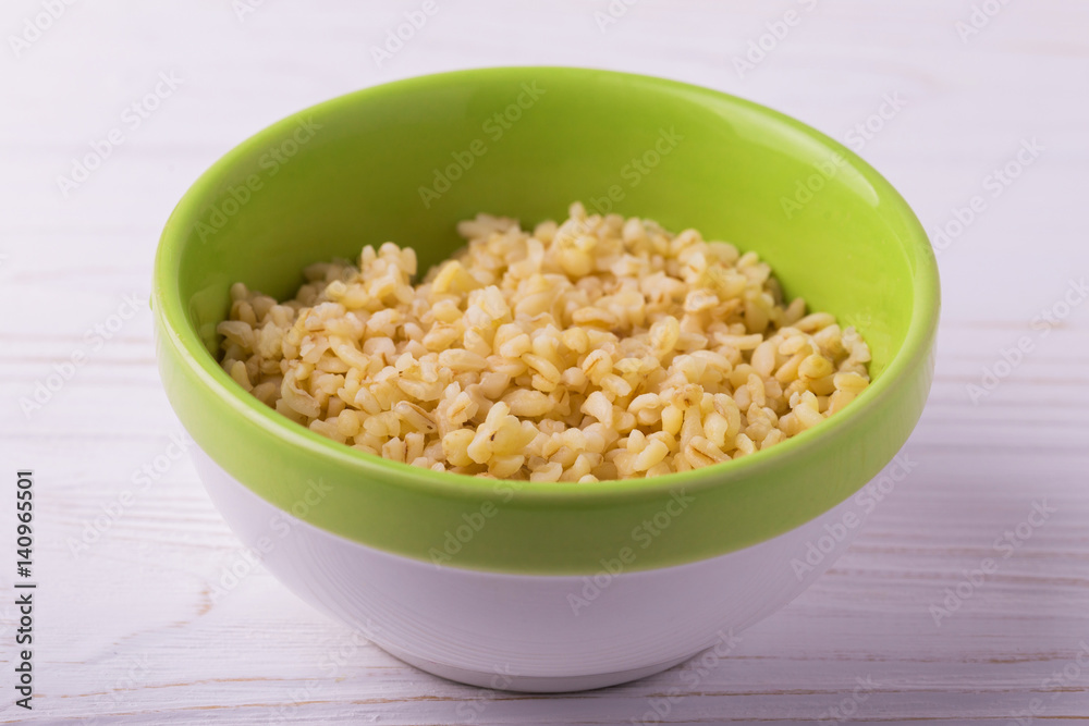 Cooking Tabbouleh green salad. bulgur in hot water Cooking Tabbouleh green salad. bulgur in hot water