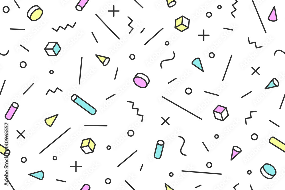Seamless mephis graphic pattern 80s-90s trendy styles on blue background. Colorful pattern with different shapes objects. Design for wrapping paper, fabric background, wallpaper. Vector illustration Seamless mephis graphic pattern 80s-90s trendy styles on blue background. Colorful pattern with different shapes objects. Design for wrapping paper, fabric background, wallpaper. Vector illustration
